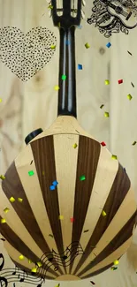 Elegant musical instrument with a wooden background and colorful confetti.