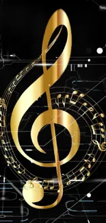 Golden treble clef with notes on a black background.