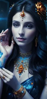 Mystical woman with intricate jewelry and celestial blue background.