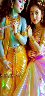 Artistic depiction of mythical characters in vibrant attire and colors.