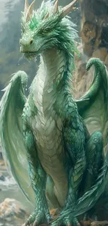 Majestic green dragon in serene landscape artwork.