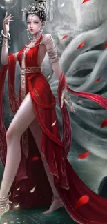 Mythical goddess in red attire on a mystical background mobile wallpaper.