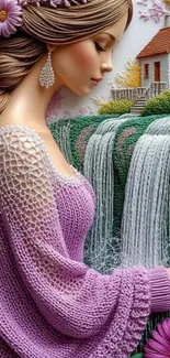 Elegant woman in a lavender knitted dress with waterfall background.
