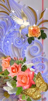 Elegant wallpaper with roses, bird, and butterfly on abstract background.