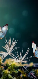 Elegant butterfly nature wallpaper with dark teal background.