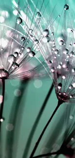 Dandelion seeds with dew drops in teal and purple hues.