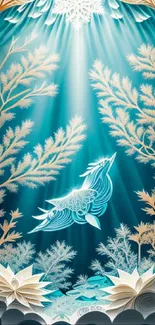 Elegant paper art wallpaper with teal and gold nature design.