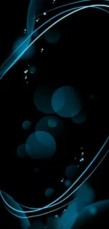 Elegant neon blue abstract vortex with swirls and circles on a black background.