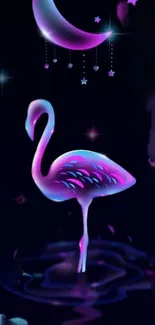 Neon flamingo against a glowing night background with a crescent moon.