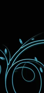 Elegant neon blue floral design on black background for phone wallpaper.