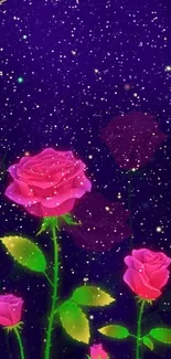 Neon pink roses with a purple starry background.