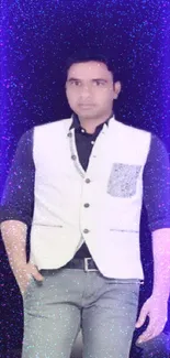 Man in stylish outfit with neon blue and purple starlit background