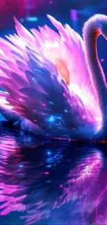 Neon-inspired swan reflecting on water in a vibrant setting.