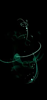 Abstract neon swirl mobile wallpaper on black background.