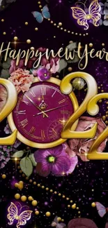 Happy New Year 2022 wallpaper with clock and vibrant flowers.