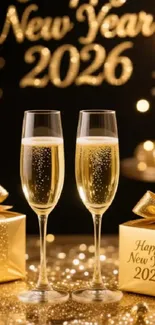 New Year 2026 celebration with champagne glasses and golden decor.