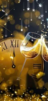 Elegant New Year wallpaper with gold clock and champagne glasses.