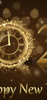 Luxurious gold clock on brown New Year wallpaper.