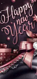 Elegant New Year mobile wallpaper with pink tones and festive ribbons.