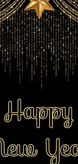 New Year mobile wallpaper with gold star and hanging beads on black.