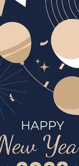 Elegant New Year 2023 wallpaper with gold balloons and navy background.