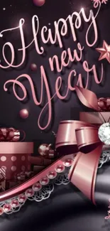 Elegant New Year wallpaper with pink gifts and snowflakes.