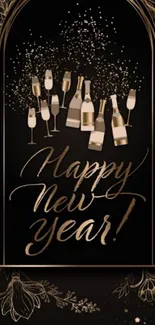 Elegant New Year wallpaper with champagne bottles in black and gold theme.