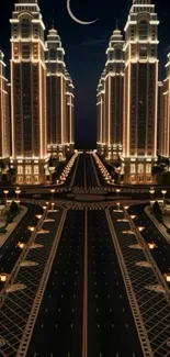 Night cityscape with illuminated skyscrapers and crescent moon.