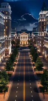 Elegant night cityscape with illuminated buildings and serene street.