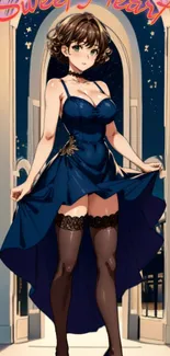 Anime character in elegant navy dress at night.