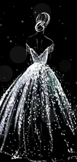 Elegant gown illustration on a black background with sparkling details.