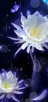 Elegant night lotus wallpaper with blue butterflies and dark background.