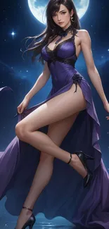 Elegant woman in purple gown under moonlit night sky as digital wallpaper.