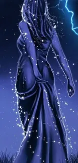 Silhouette of a woman amidst a starry night sky with electric blue accents.