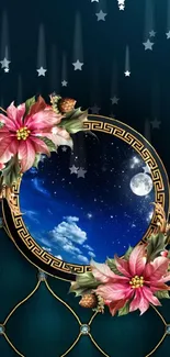 Elegant wallpaper with night sky and floral frame design.