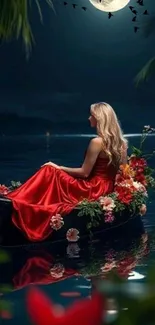 Woman in red dress on moonlit boat with flowers.