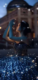 Princess in midnight-blue gown with lights in front of a grand building at night.