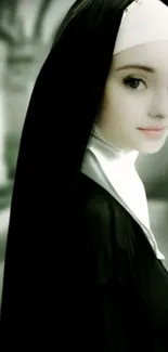 Elegant digital artwork of a nun in black attire.