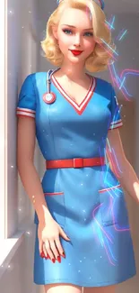 Elegant illustration of a nurse in a blue vintage uniform with red accents.