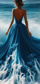 Woman in a blue dress merging with ocean waves in a fantasy artwork.