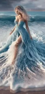 Elegant woman in oceanic dress on the beach, fantasy art.