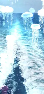 Glowing jellyfish drift over a tranquil ocean.