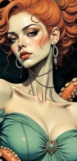 Red-haired woman with octopus tentacles, surreal art.