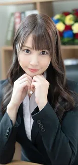 Elegant woman in office setting portrait wallpaper.