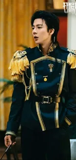 Elegant officer in ornate uniform, poised and stylish.