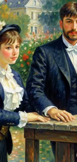 Elegant oil painting of a couple in a garden setting, perfect for vintage wallpaper.