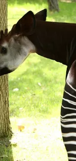 Okapi standing in a lush green forest with natural sunlight.