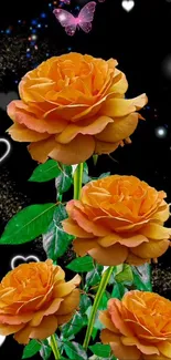 Orange roses with butterflies and hearts on a black background.