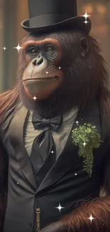 Orangutan in a tuxedo with top hat, exuding elegance and humor.