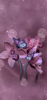 Orchid and butterfly wallpaper in pink tones.